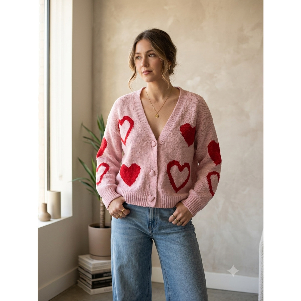 Pink Rose Pink Red Heart Knit Button Cardigan Sweater Valentine XS